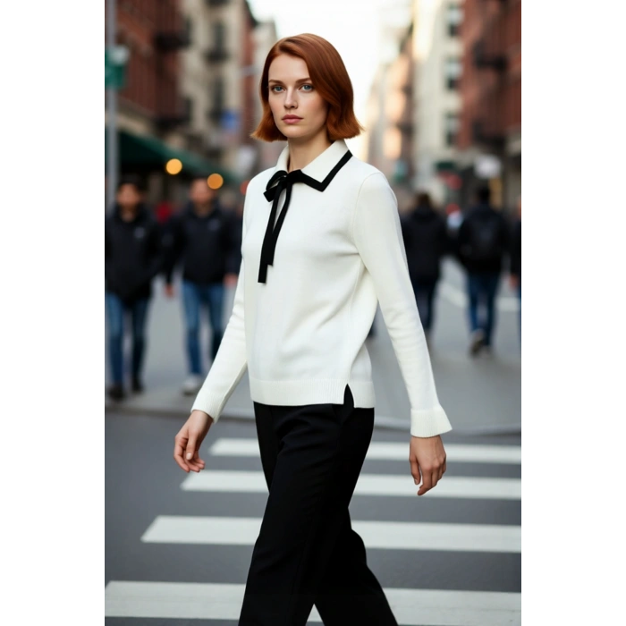 Kadın Polo Yaka Bağcıklı Triko Kazak Renk Bloklu Uzun Kollu Kışlık Ofis Şıklığı İçin Rahat Seçim