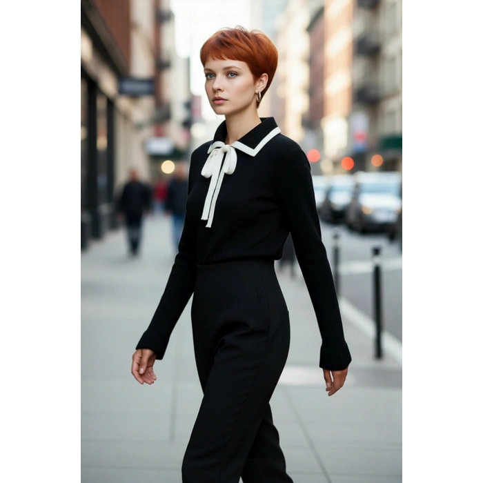 Kadın Polo Yaka Bağcıklı Triko Kazak Renk Bloklu Uzun Kollu Kışlık Ofis Şıklığı İçin Rahat Seçim