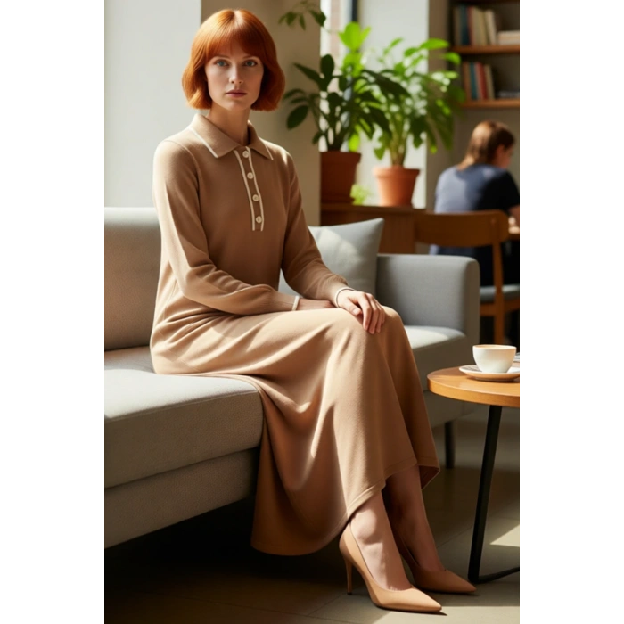 Kadın Polo Yaka Biyeli Maxi Triko Elbise Düşük Kol Rahat Kesim Kış Sezonu İçin İdeal Model