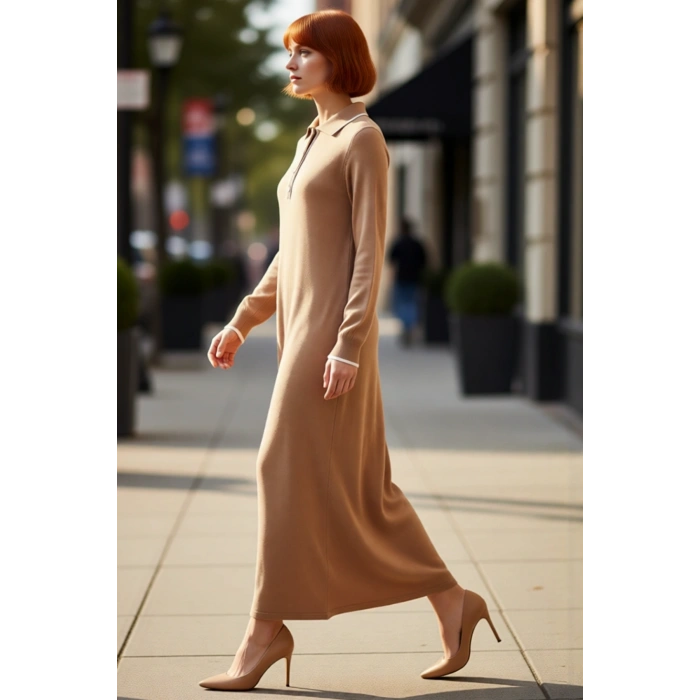 Kadın Polo Yaka Biyeli Maxi Triko Elbise Düşük Kol Rahat Kesim Kış Sezonu İçin İdeal Model