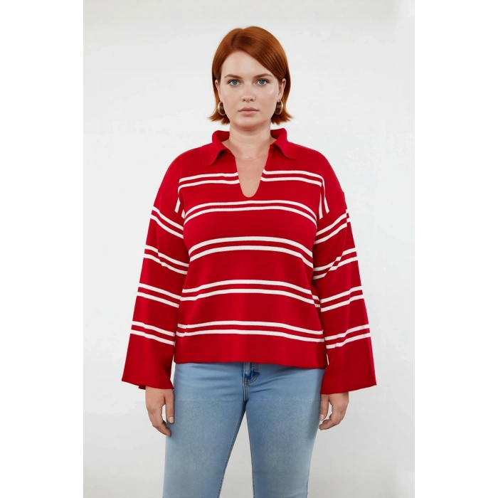 Kadın Polo Yaka Çizgili Akrilik Triko Kazak Relaxed Kalıbı Sayesinde Soğuk Havalara Şıklık Katıyor