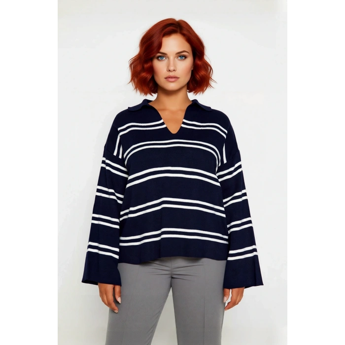 Kadın Polo Yaka Çizgili Akrilik Triko Kazak Relaxed Kalıbı Sayesinde Soğuk Havalara Şıklık Katıyor