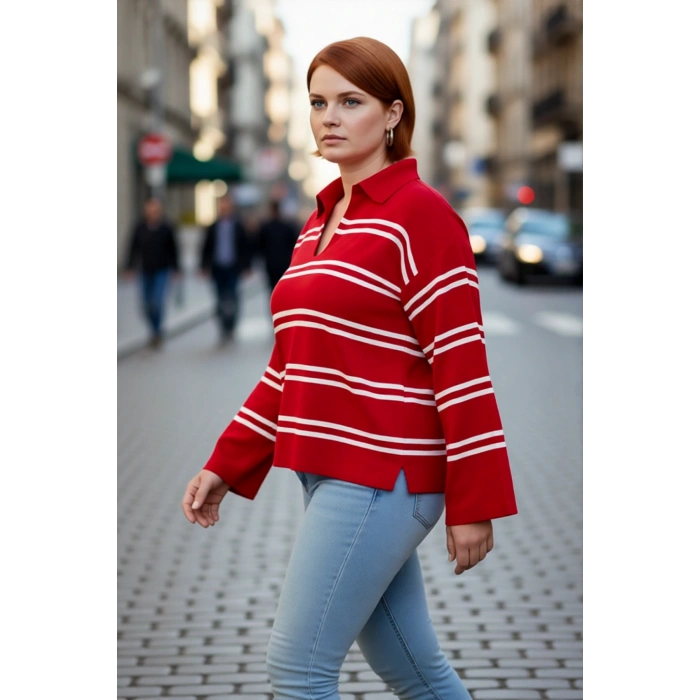 Kadın Polo Yaka Çizgili Akrilik Triko Kazak Relaxed Kalıbı Sayesinde Soğuk Havalara Şıklık Katıyor