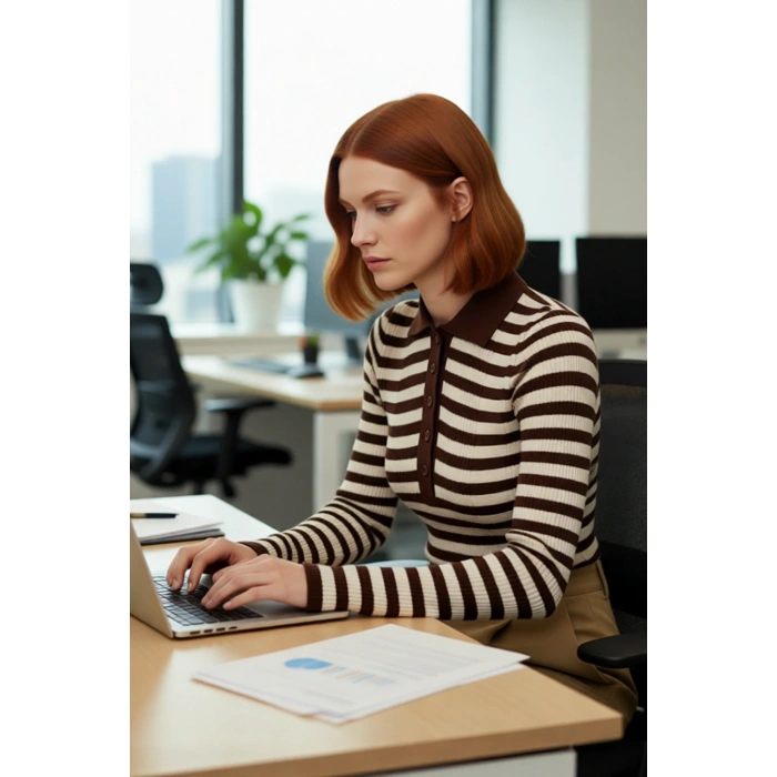 Kadın Polo Yaka Çizgili Fitted Akrilik Triko Kazak İlkbahar Sonbahar İçin Şık ve Konforlu Günlük