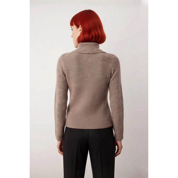 Kadın Polo Yaka Düz Desen Regular Fit Selanik Dokuma Triko Kazak İlkbahar Sonbahar Kış Stili