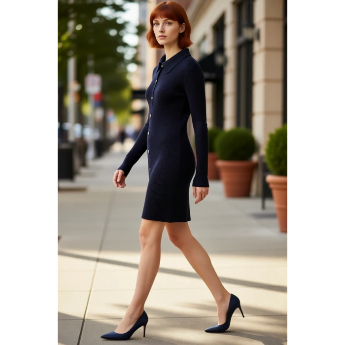 Kadın Polo Yaka Düz Fitilli Triko Mini Elbise Günlük Şıklığı Kış Boyunca Üstünüze Taşıyın.