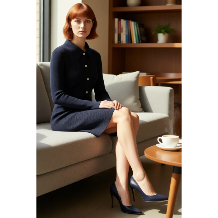 Kadın Polo Yaka Düz Fitilli Triko Mini Elbise Günlük Şıklığı Kış Boyunca Üstünüze Taşıyın.