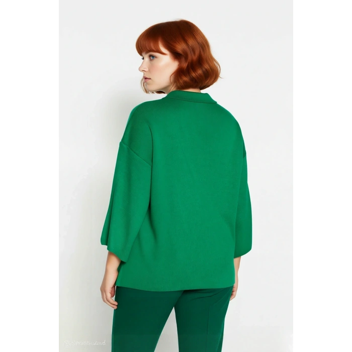 Kadın Polo Yaka Fermuar Detaylı Relaxed Kesim Düşük Kol Truvakar Triko Kazak Büyük Beden Kaliteli