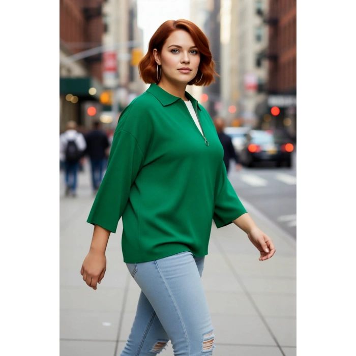 Kadın Polo Yaka Fermuar Detaylı Relaxed Kesim Düşük Kol Truvakar Triko Kazak Büyük Beden Kaliteli