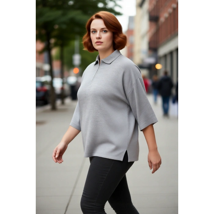 Kadın Polo Yaka Fermuar Detaylı Relaxed Kesim Düşük Kol Truvakar Triko Kazak Büyük Beden Kaliteli