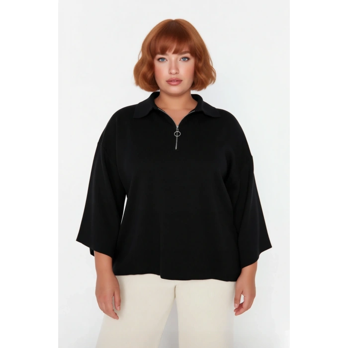 Kadın Polo Yaka Fermuar Detaylı Relaxed Kesim Düşük Kol Truvakar Triko Kazak Büyük Beden Kaliteli