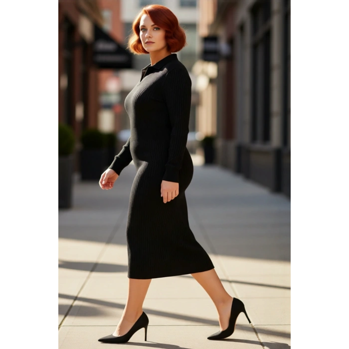 Kadın Polo Yaka Fitilli Bodycon Triko Midi Elbise Uzun Kollu Kış Günlük Şık Akrilik Tasarım