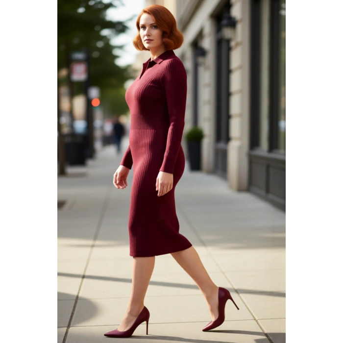 Kadın Polo Yaka Fitilli Bodycon Triko Midi Elbise Uzun Kollu Kış Günlük Şık Akrilik Tasarım