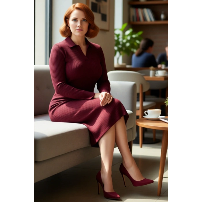 Kadın Polo Yaka Fitilli Bodycon Triko Midi Elbise Uzun Kollu Kış Günlük Şık Akrilik Tasarım