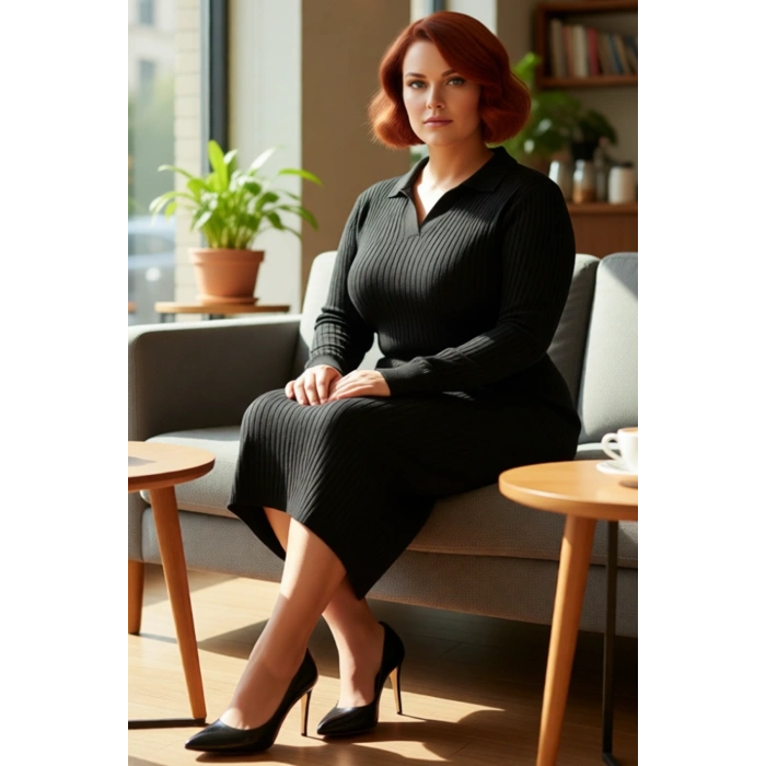 Kadın Polo Yaka Fitilli Bodycon Triko Midi Elbise Uzun Kollu Kış Günlük Şık Akrilik Tasarım