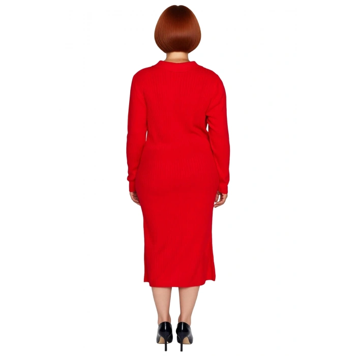 Kadın Polo Yaka Fitilli Bodycon Triko Midi Elbise Uzun Kollu Kış Günlük Şık Akrilik Tasarım