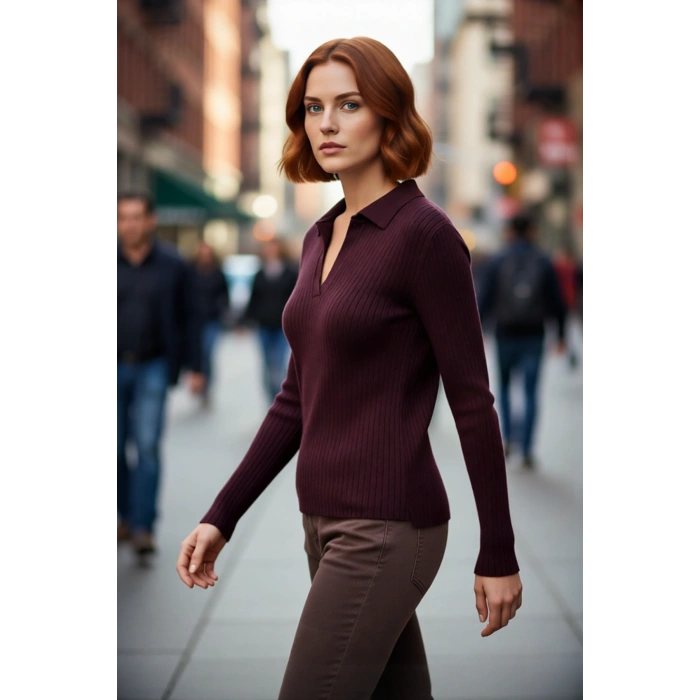 Kadın Polo Yaka Fitilli Triko Kazak Fitted Kesimiyle Günlük Şıklık Sunar Soğuk Havalar İçin İdeal