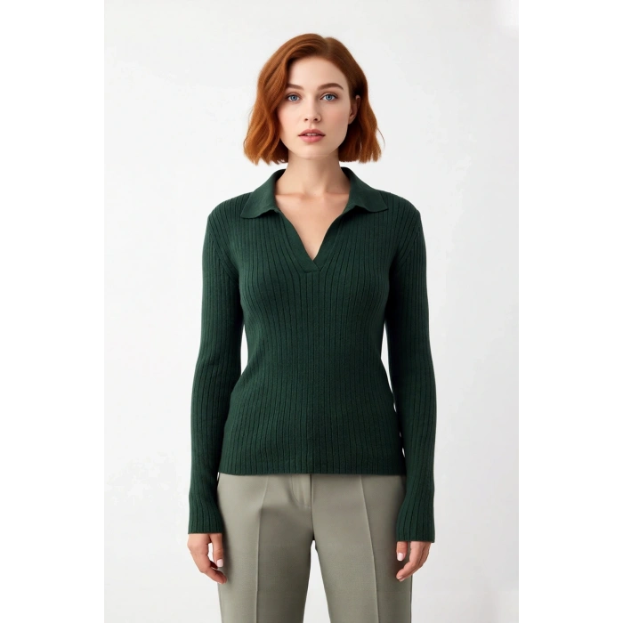 Kadın Polo Yaka Fitilli Triko Kazak Modern Fitted Tasarımıyla Casual Şıklığı Soğuk Havalarda