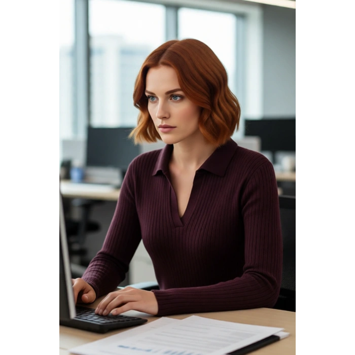 Kadın Polo Yaka Fitilli Triko Kazak Modern Fitted Tasarımıyla Casual Şıklığı Soğuk Havalarda