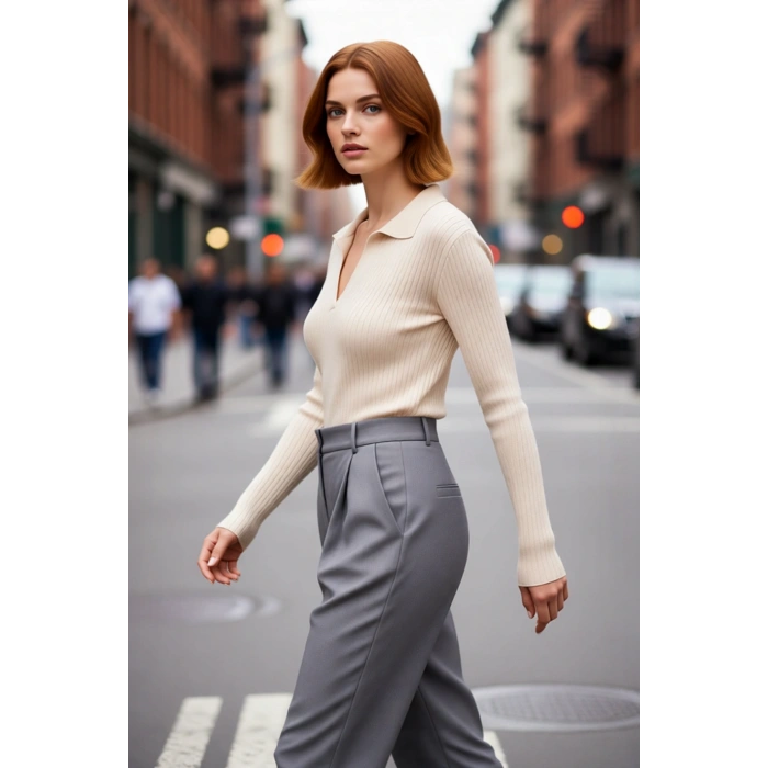 Kadın Polo Yaka Fitilli Triko Kazak Modern Fitted Tasarımıyla Casual Şıklığı Soğuk Havalarda