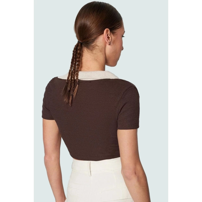 Kadın Polo Yaka Kısa Kollu Crop Bluz Esnek Örme Polyester Yüksek Kalite Özenle Seçilmiş
