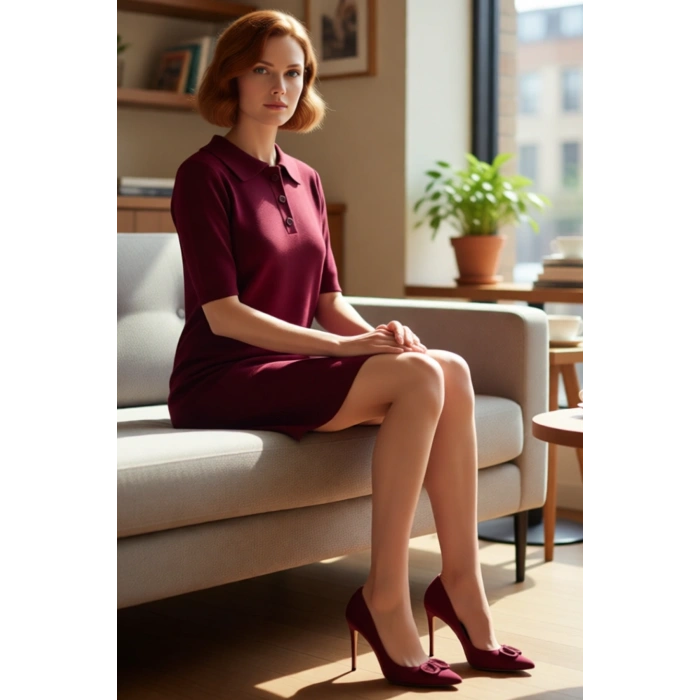 Kadın Polo Yaka Kısa Kollu Triko Mini Elbise Shift Kalıbı İle Gün Boyu Konfor Sunuyor. Kaliteli