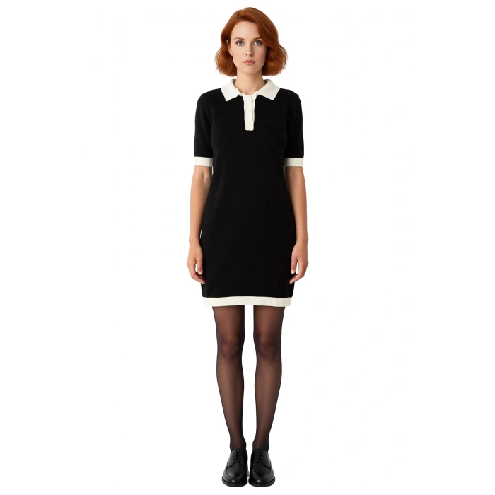 Kadın Polo Yaka Kısa Kollu Triko Mini Elbise Shift Kalıbı İle Gün Boyu Konfor Sunuyor. Kaliteli