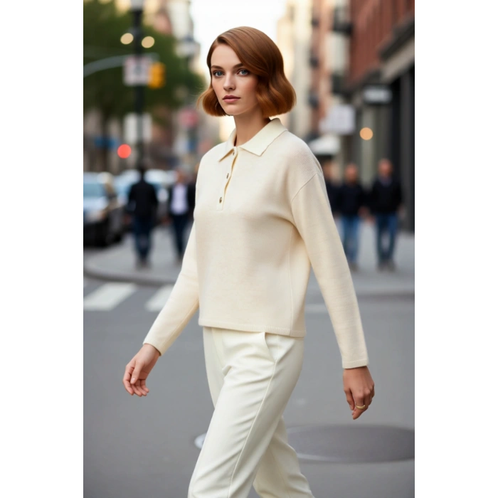 Kadın Polo Yaka Oversize Triko Kazak Düşük Kollu Rahat Kesim Günlük Şıklık Kombinleri İçin İdeal