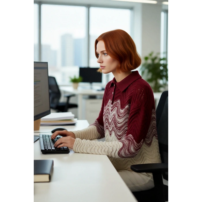 Kadın Polo Yaka Regüler Kalıp Crop Triko Kazak Dalgalı Desenli Akrilik Kışlık Günlük Şıklık