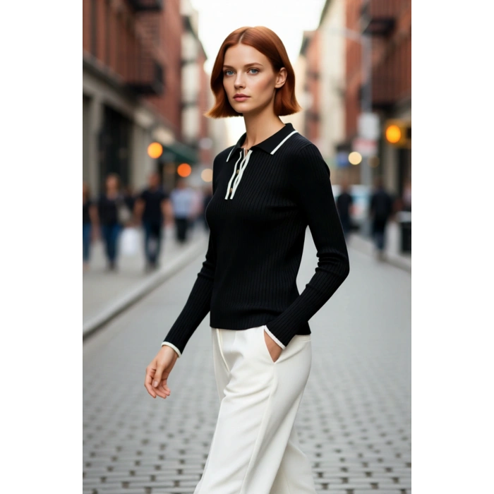 Kadın Polo Yaka Renk Bloklu Fitted Triko Kazak Şıklığı ve Konforu Birleştiren Standart Kol