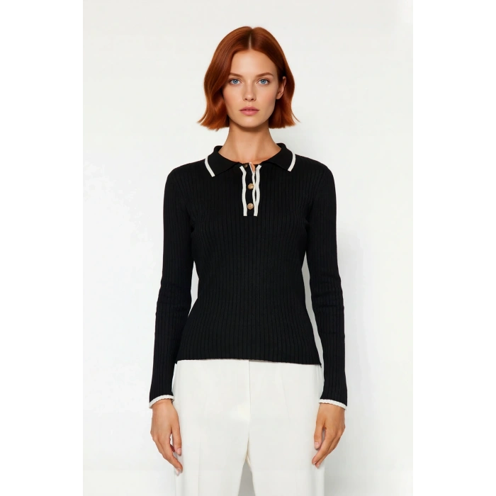 Kadın Polo Yaka Renk Bloklu Fitted Triko Kazak Şıklığı ve Konforu Birleştiren Standart Kol