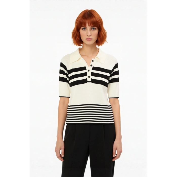 Kadın Polo Yaka Renk Bloklu Kısa Kollu İnce Triko Bluz Günlük ve Konforlu Şık Kombinler İçin İdeal