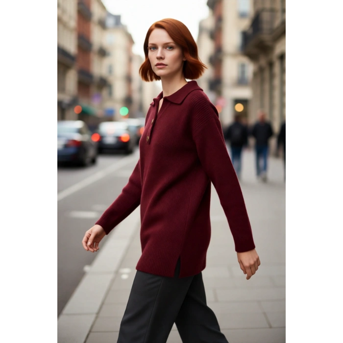 Kadın Polo Yaka Selanik Triko Kazak Kışlık Rahat Düşük Kollu Regular Kalıp Günlük Şıklık İçin