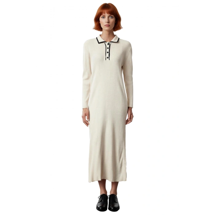 Kadın Polo Yaka Triko Elbise Shift Kalıp Standart Uzun Kol Maxi Boy Rahat Günlük Şık Kombinler İçin
