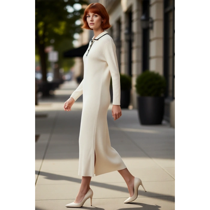 Kadın Polo Yaka Triko Elbise Shift Kalıp Standart Uzun Kol Maxi Boy Rahat Günlük Şık Kombinler İçin