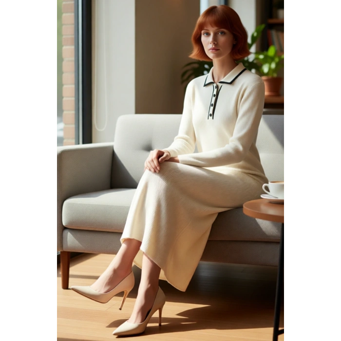 Kadın Polo Yaka Triko Elbise Shift Kalıp Standart Uzun Kol Maxi Boy Rahat Günlük Şık Kombinler İçin