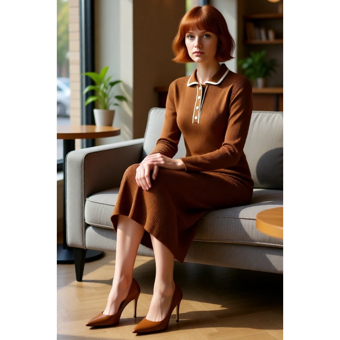 Kadın Polo Yaka Triko Elbise Shift Kalıp Standart Uzun Kol Maxi Boy Rahat Günlük Şık Kombinler İçin