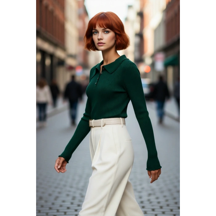 Kadın Polo Yaka Triko Kazak Akrilik Materyal Fitted Kesim Uzun Kollu Casual Şık Görünüm Sunar