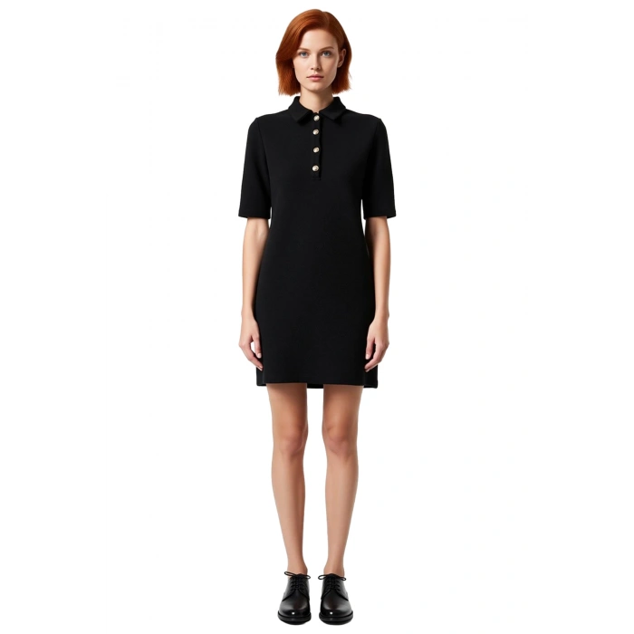Kadın Polo Yaka Tüvit Dokulu Shift Kalıp Kısa Kollu Mini Elbise Günlük Şık Kullanım İçin İdeal