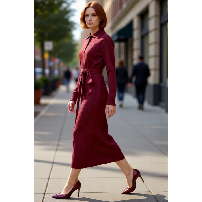 Kadın Polo Yaka Uzun Kollu Triko Maxi Elbise Akrilik Kumaş Kuşaklı Shift Kalıp Düz Tasarım