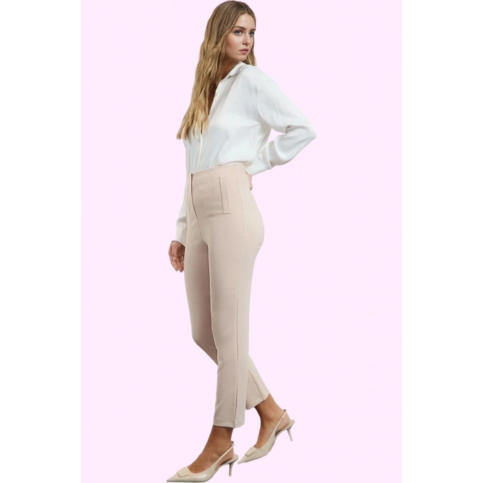 Kadın Polyester Elastan Dokuma Pantolon Yüksek Bel Cigarette Kalıp Tüm Sezonlar Günlük Kullanım
