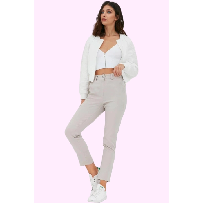 Kadın Polyester Elastan Finike Dokuma Pantolon Boru Paça Normal Bel Günlük Kaliteli Malzeme
