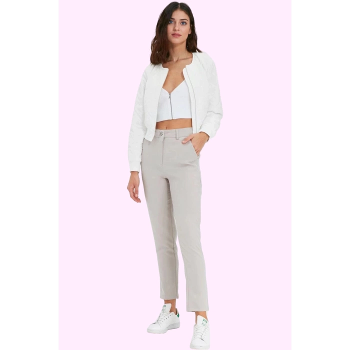 Kadın Polyester Elastan Finike Dokuma Pantolon Boru Paça Normal Bel Günlük Kaliteli Malzeme