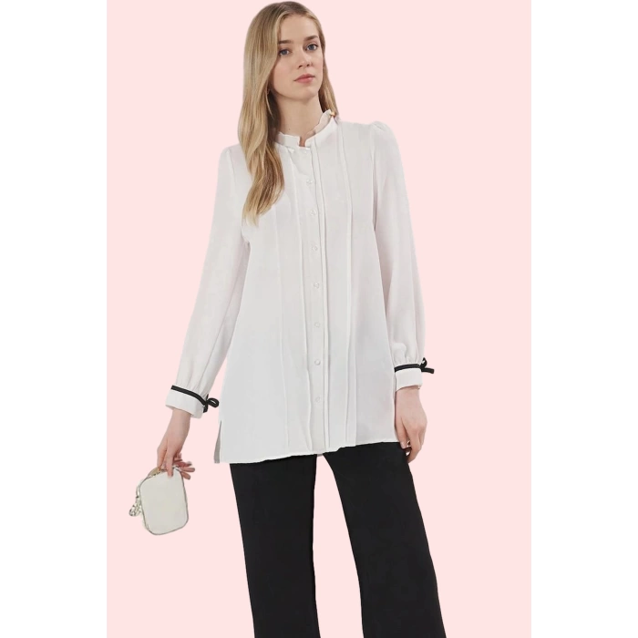 Kadın Polyester Gömlek Basic Siluet Uzun Kollu Dik Yaka Günlük Şıklık Yaz Aylarının Vazgeçilmezi
