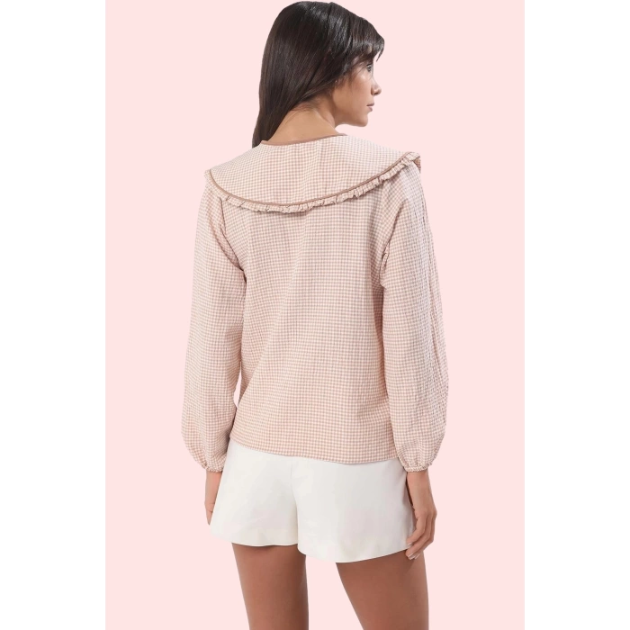 Kadın Polyester Gömlek Gofreli Dokuma Bebe Yaka Ekose Desenli Uzun Kollu Dayanıklı Malzeme