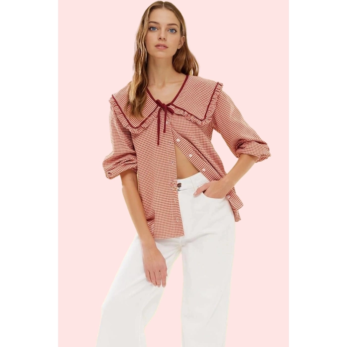 Kadın Polyester Gömlek Gofreli Dokuma Bebe Yaka Ekose Desenli Uzun Kollu Dayanıklı Malzeme