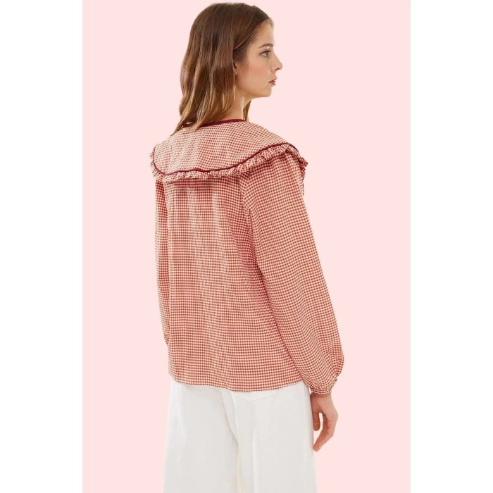 Kadın Polyester Gömlek Gofreli Dokuma Bebe Yaka Ekose Desenli Uzun Kollu Dayanıklı Malzeme