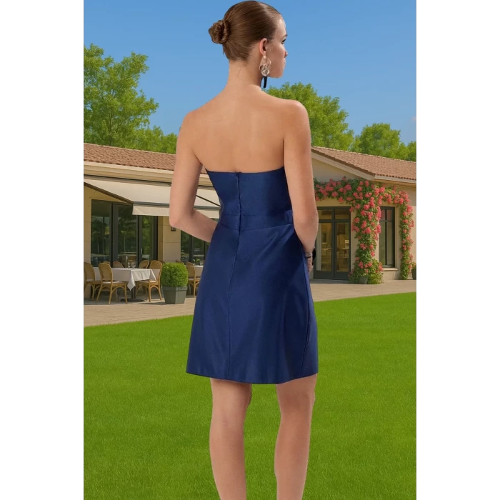 Kadın Polyester Mat Saten A Kesim Straplez Mini Abiye Elbise Rahat Kullanım Zarifane Tasarım