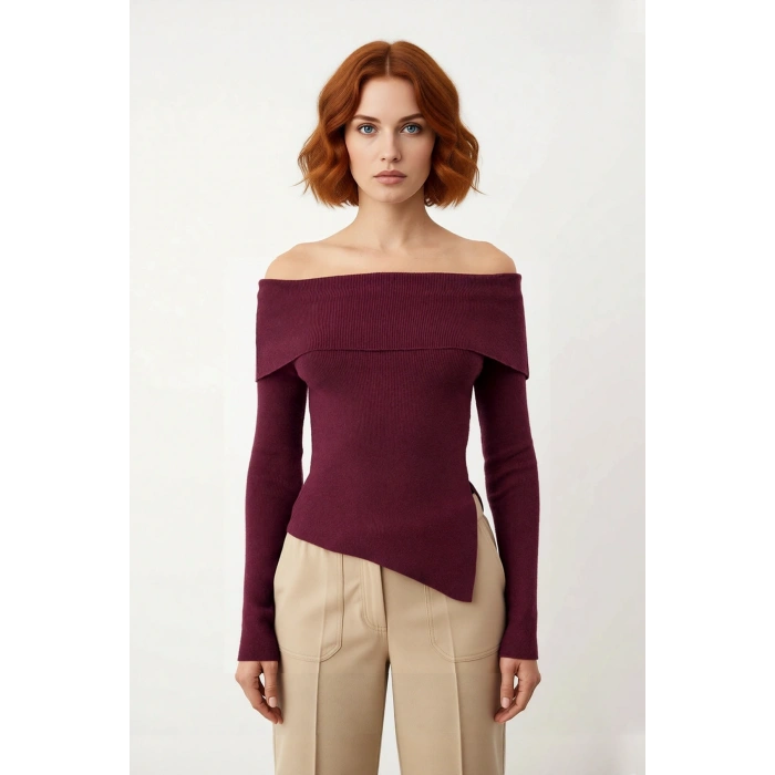 Kadın Premium İplik Fitted Carmen Yaka İnce Triko Uzun Kol Düz Kazak İlkbahar Sonbahar İçin Modern