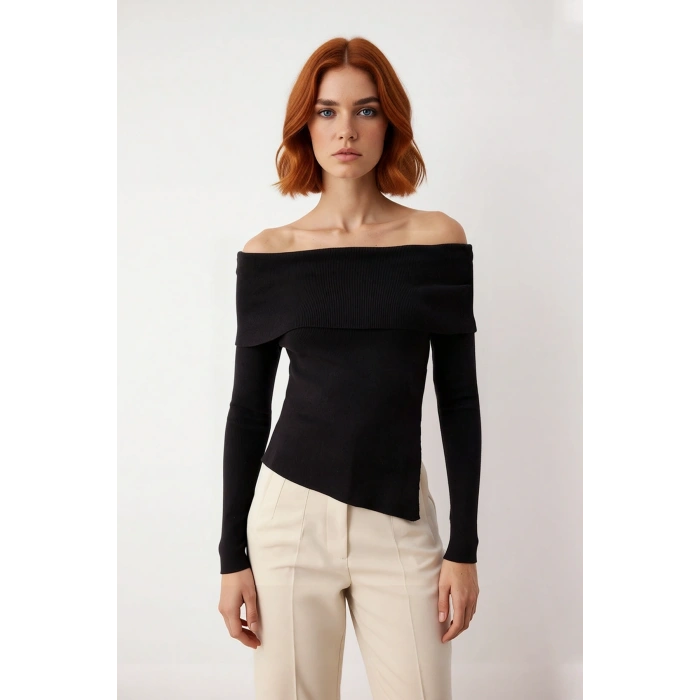 Kadın Premium İplik Fitted Carmen Yaka İnce Triko Uzun Kol Düz Kazak İlkbahar Sonbahar İçin Modern